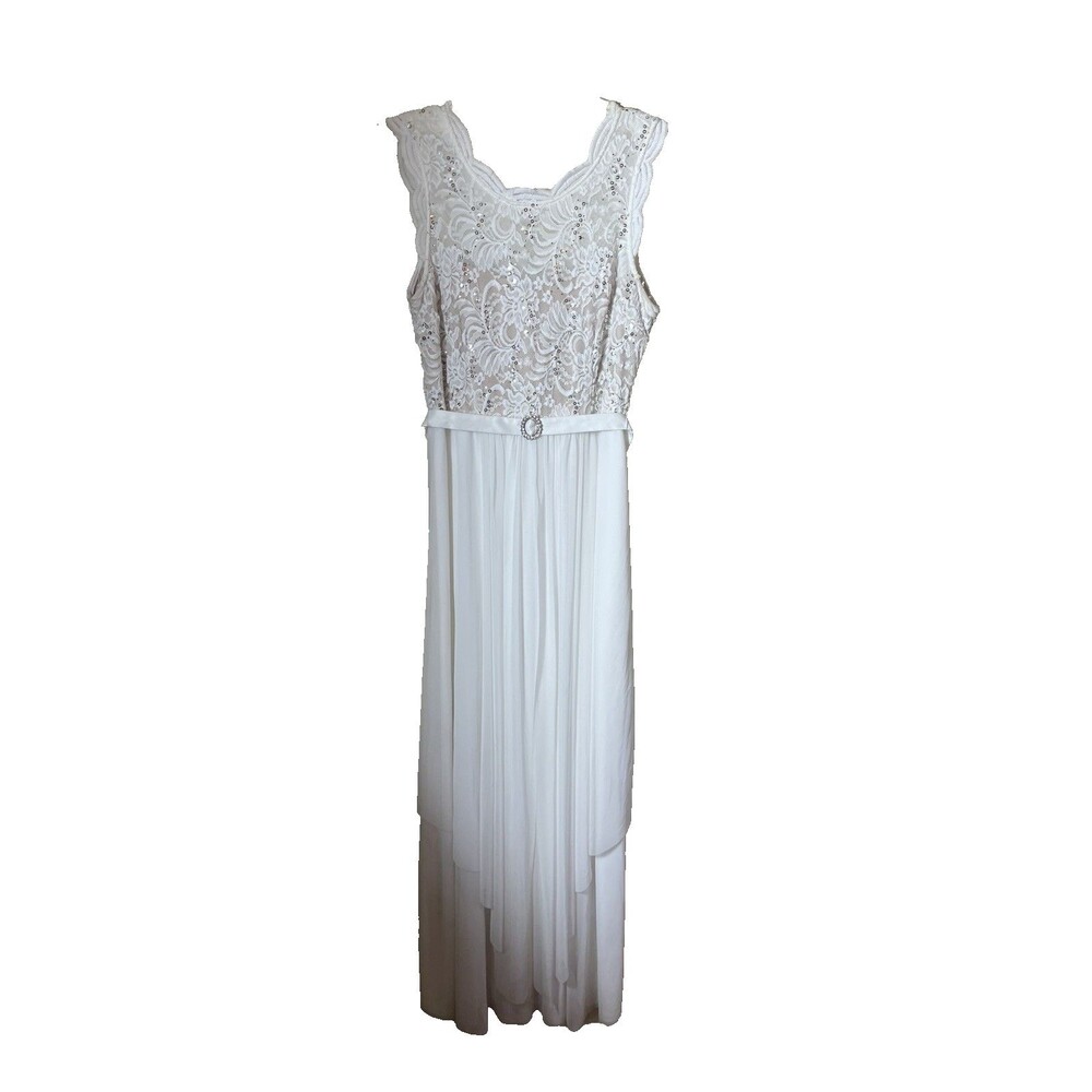R&M Richards Women's White Embellished Lace Top Maxi Gown Size 10